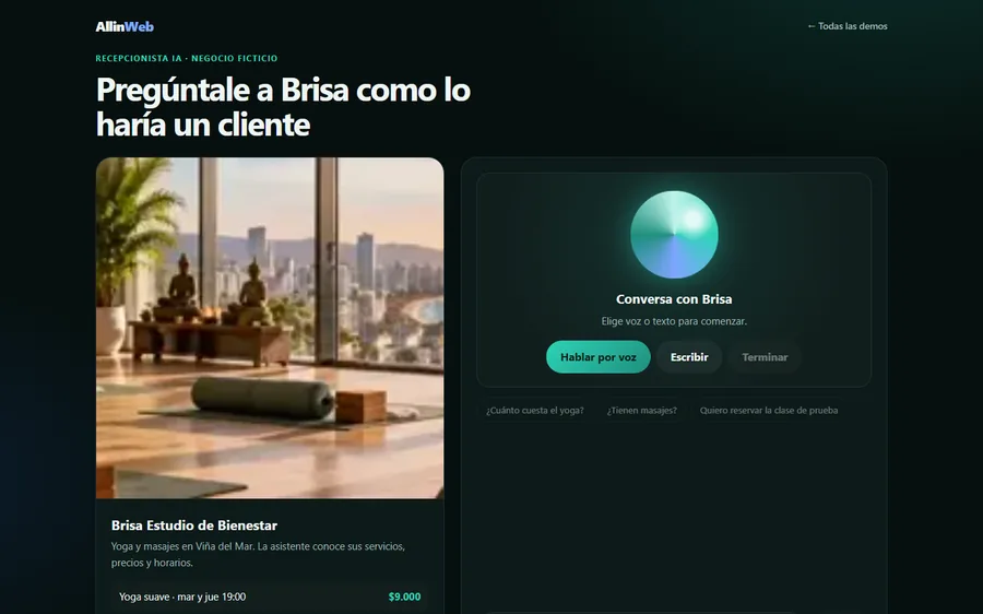 Demo de Brisa: recepcionista con IA de un estudio de yoga