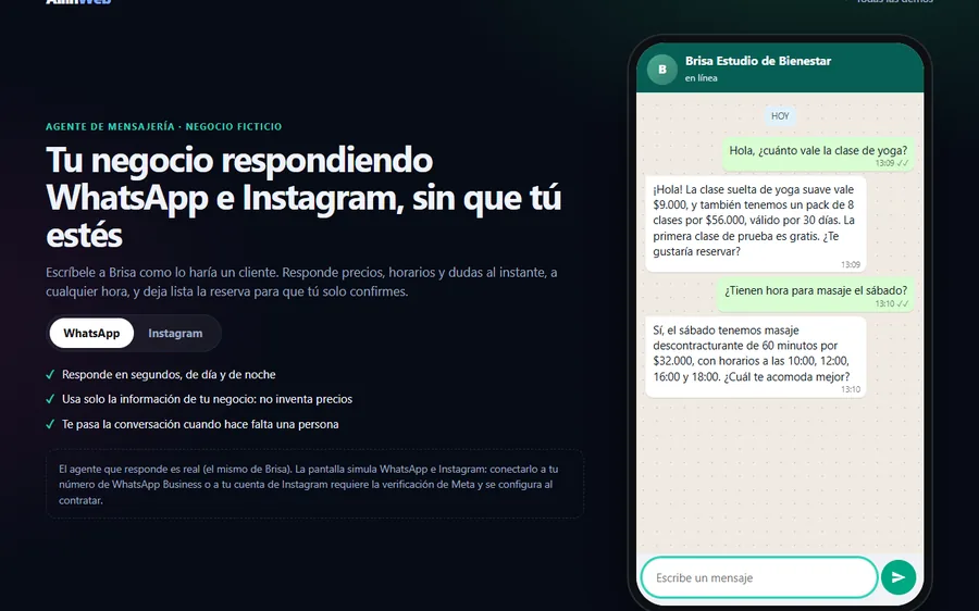 Demo de WhatsApp: Brisa respondiendo precios y horarios en un teléfono
