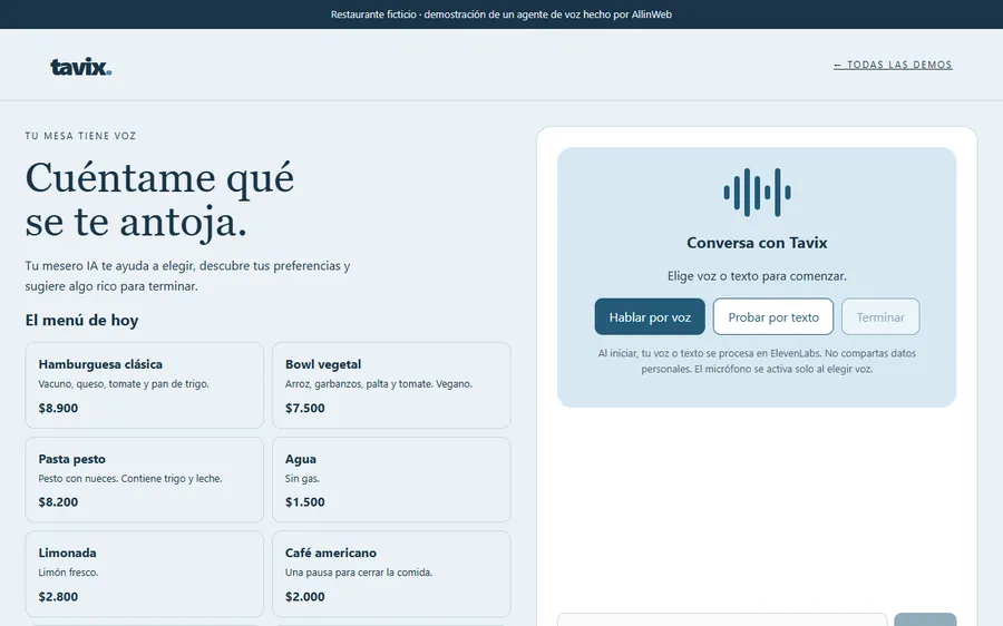 Demo de Tavix: carta del restaurante y panel para conversar por voz o texto