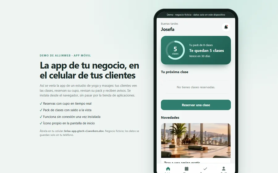 App de Brisa en un teléfono: pack de clases, próxima clase y botón para reservar