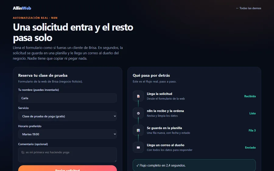 Demo de automatización: formulario y flujo de cuatro pasos completado