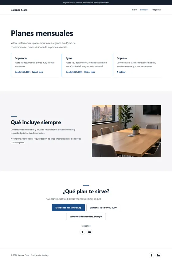 Página de servicios y precios de Balance Claro